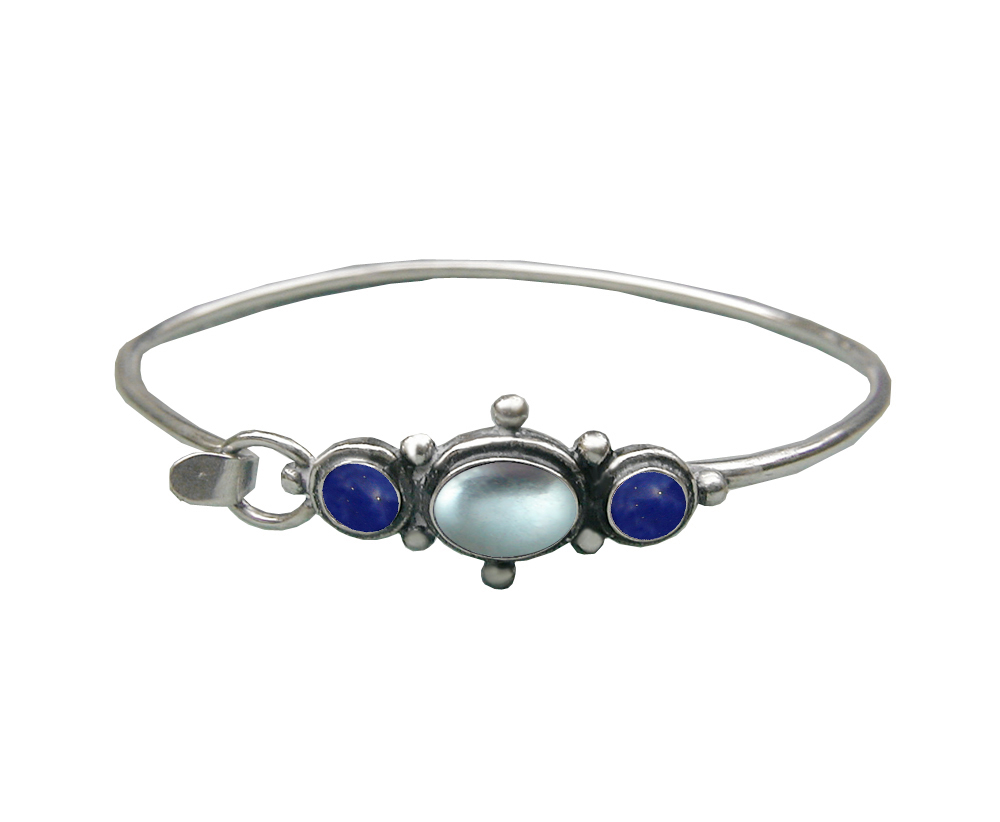 Sterling Silver Strap Latch Spring Hook Bangle Bracelet Blue Topaz And Lapis Lazuli